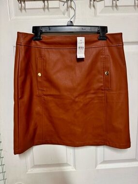 Anne Taylor LOFT Faux Leather Midi Skirt Cognac/Rust w/ Gold Buttons 12 NWT